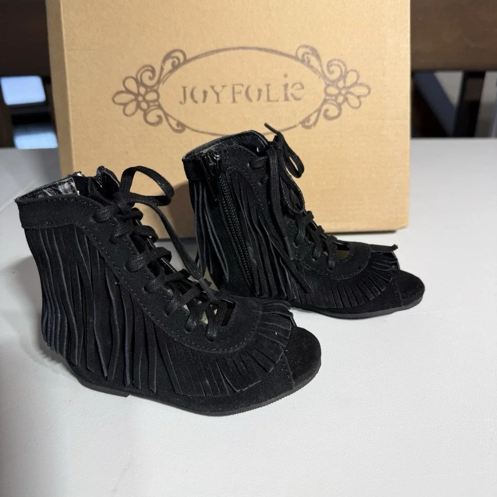 JOYFOLIE TODDLER SIZE 4 Black‎ Suede Fringe Boots SIDE ZIPPER PEEP TOE